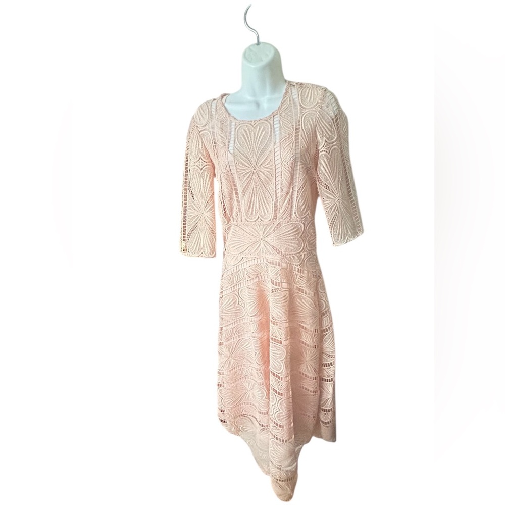 maje, Elegant Lace Dress in pink heart lace, twirl skirt, Sz S